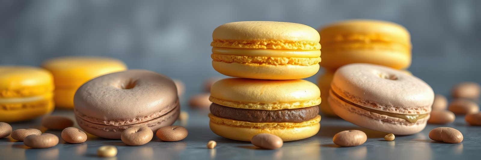 Colorful macarons stacked with coffee beans on a blue background in an elegant dessert display
